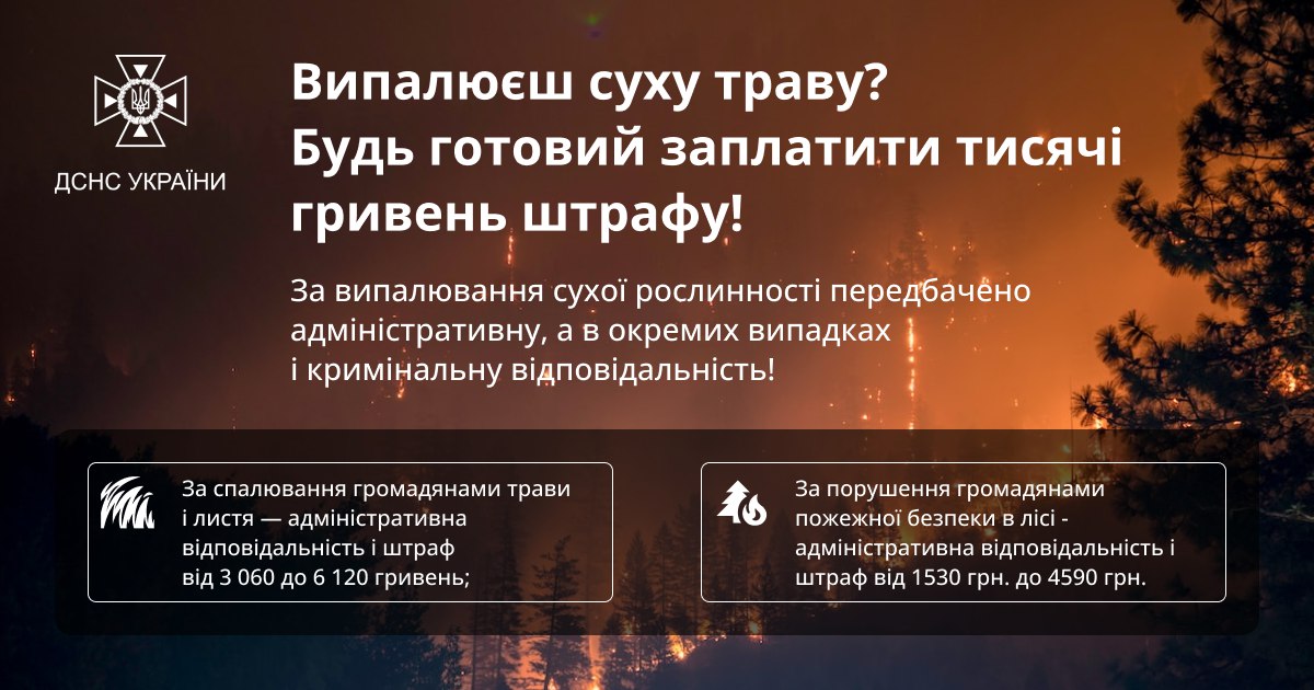 ДСНС застерігає: за випалювання сухої трави – тисячі гривень штрафу!